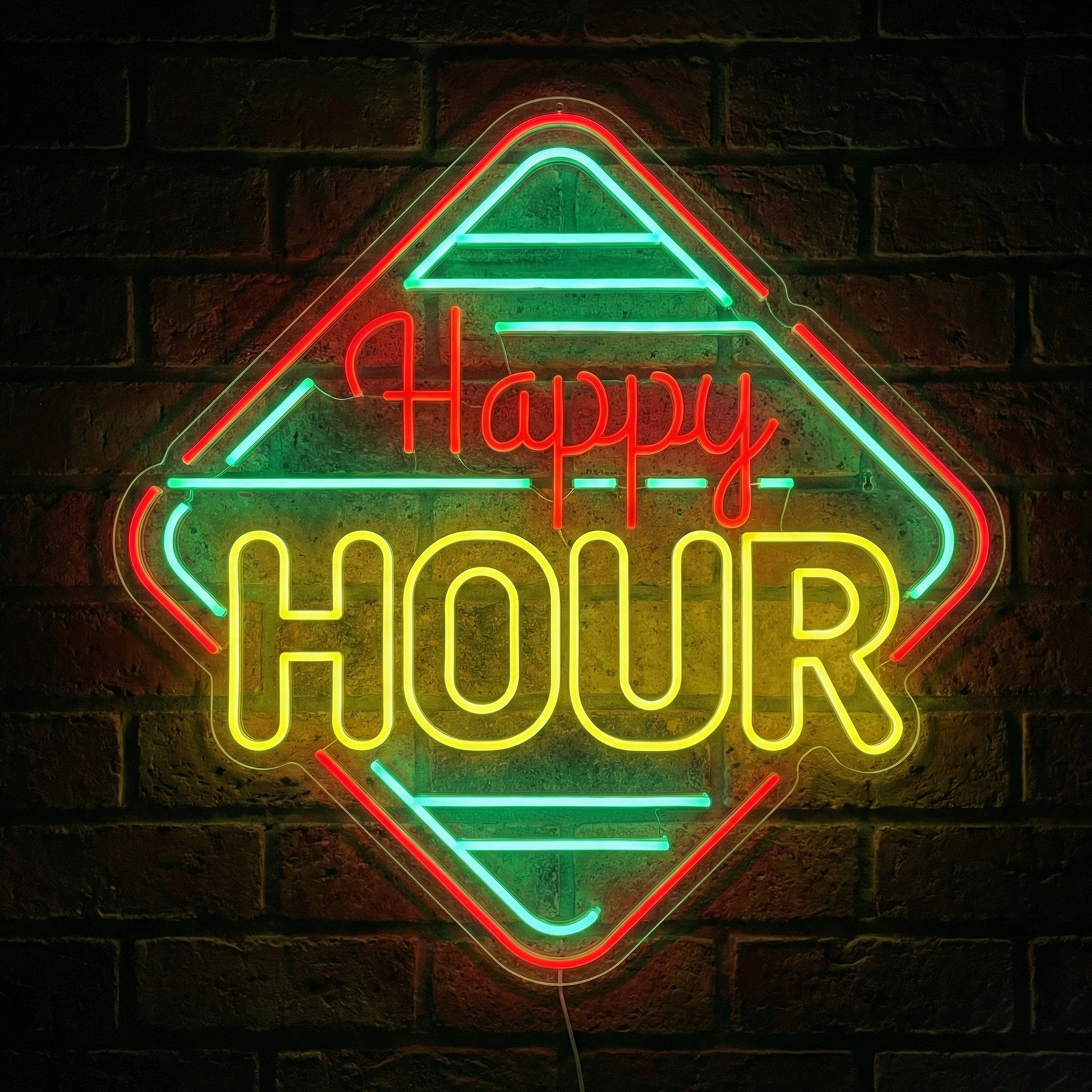 Photo of a bright, white Happy Hour neon sign, reading "HAPPY HOUR" in glowing cursive letters, mounted on a dark brick wall.