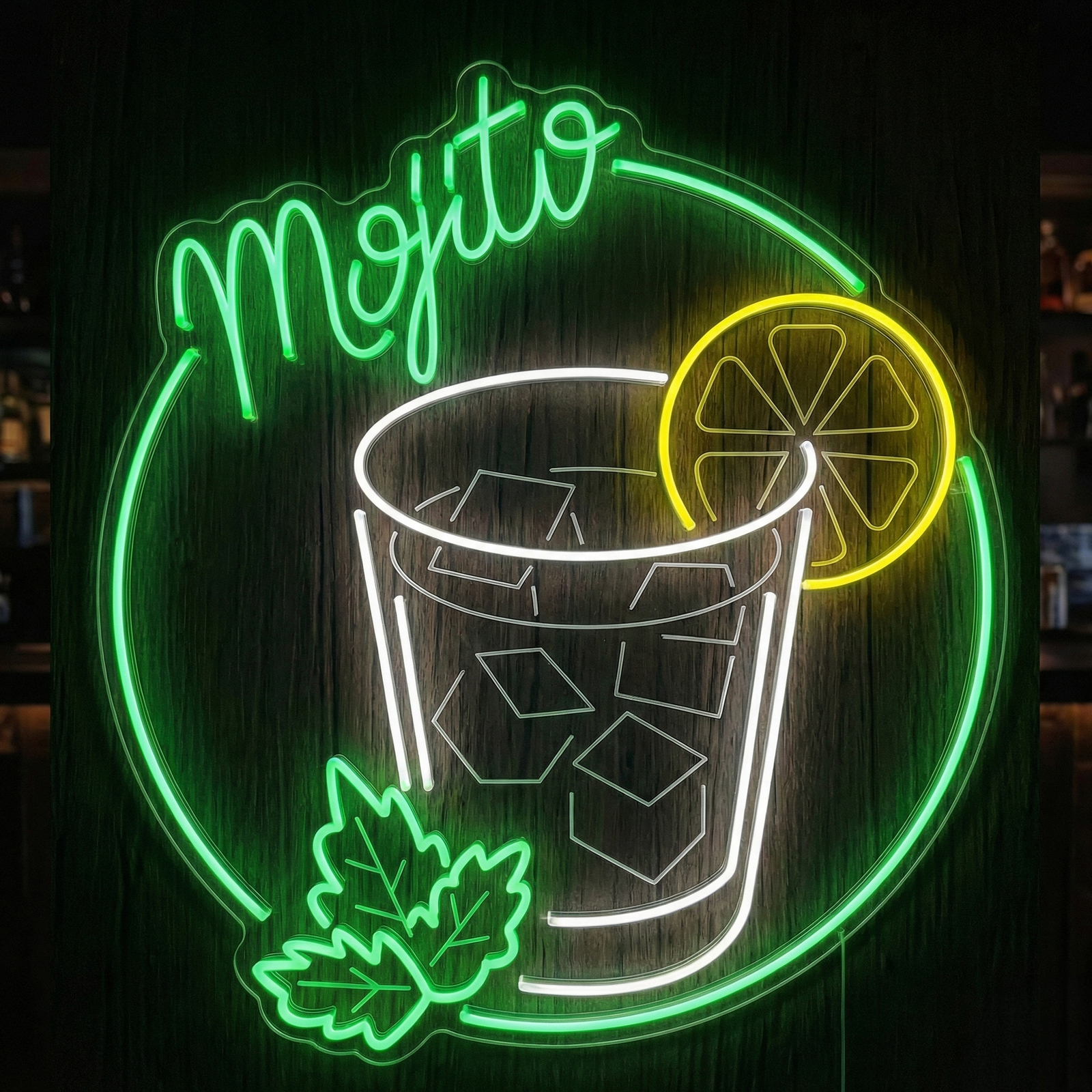 A physical 'Mojito' neon sign featuring green tubing and a lime graphic, illuminated on a dark wooden wall behind a real bar setup.