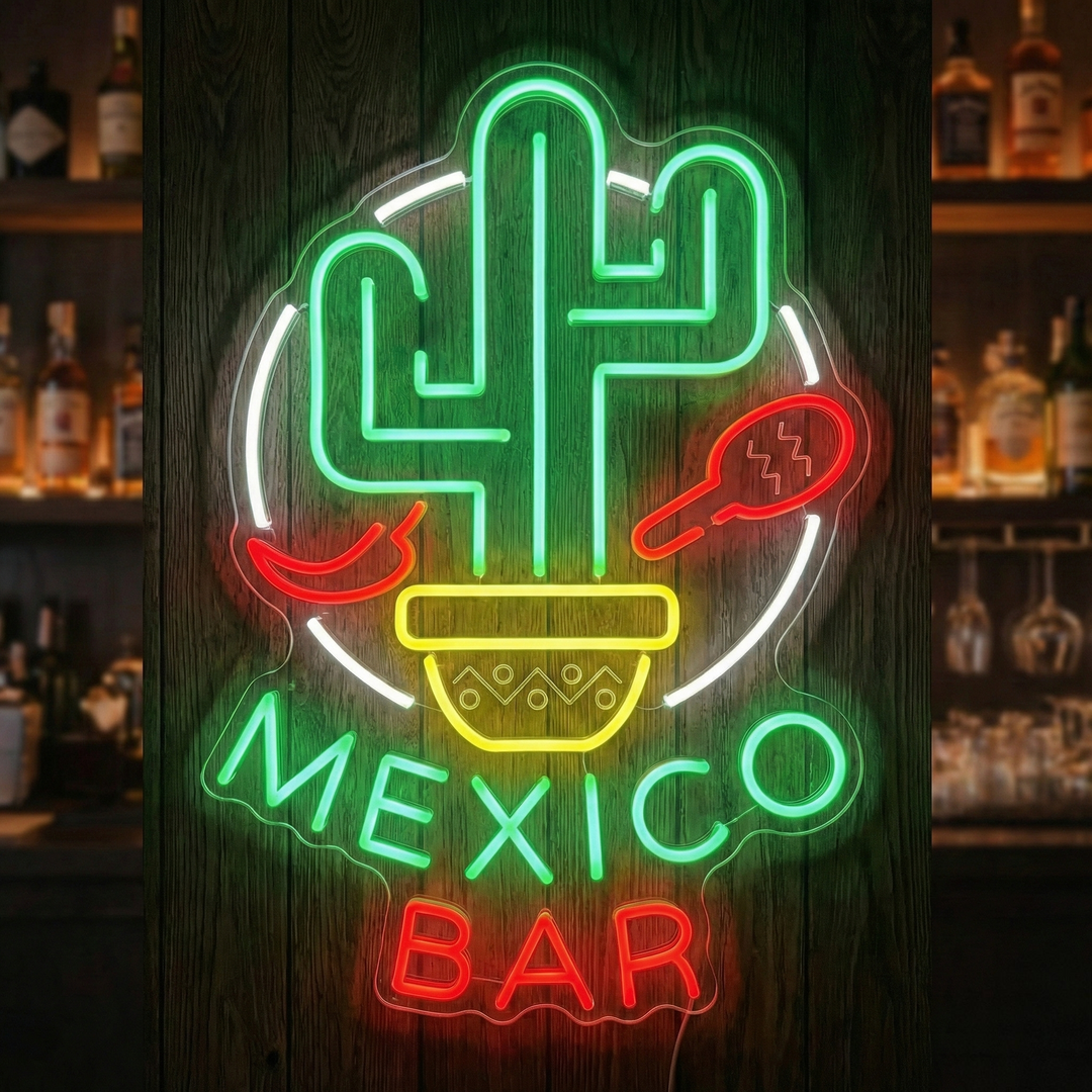 A vibrant 'Mexico Bar' neon sign glowing red, featuring stylized text and a small cactus graphic, mounted on a rustic wooden wall with blurred liquor bottles in the background.