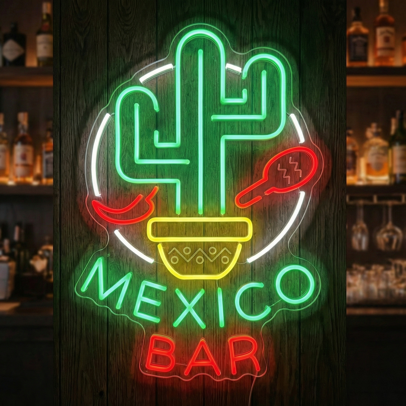 A vibrant 'Mexico Bar' neon sign glowing red, featuring stylized text and a small cactus graphic, mounted on a rustic wooden wall with blurred liquor bottles in the background.