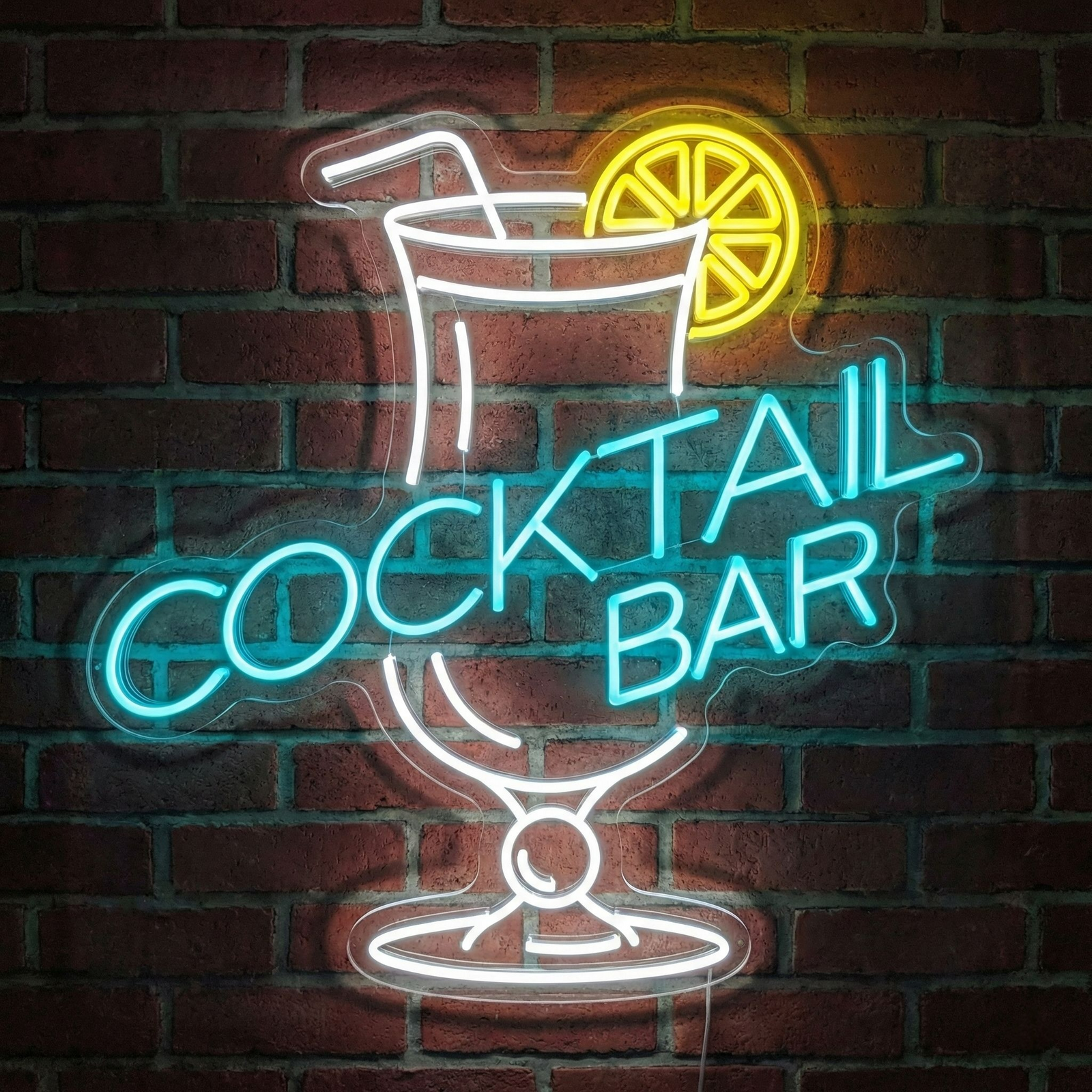 A real-life Cocktails Bar neon sign glowing brightly on a textured brick wall with a cocktail glass design.