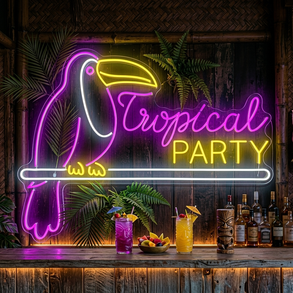 Vibrant blue and orange Tropical Party neon sign with a glowing pink flamingo, mounted behind a home bar with drinks and bottles.