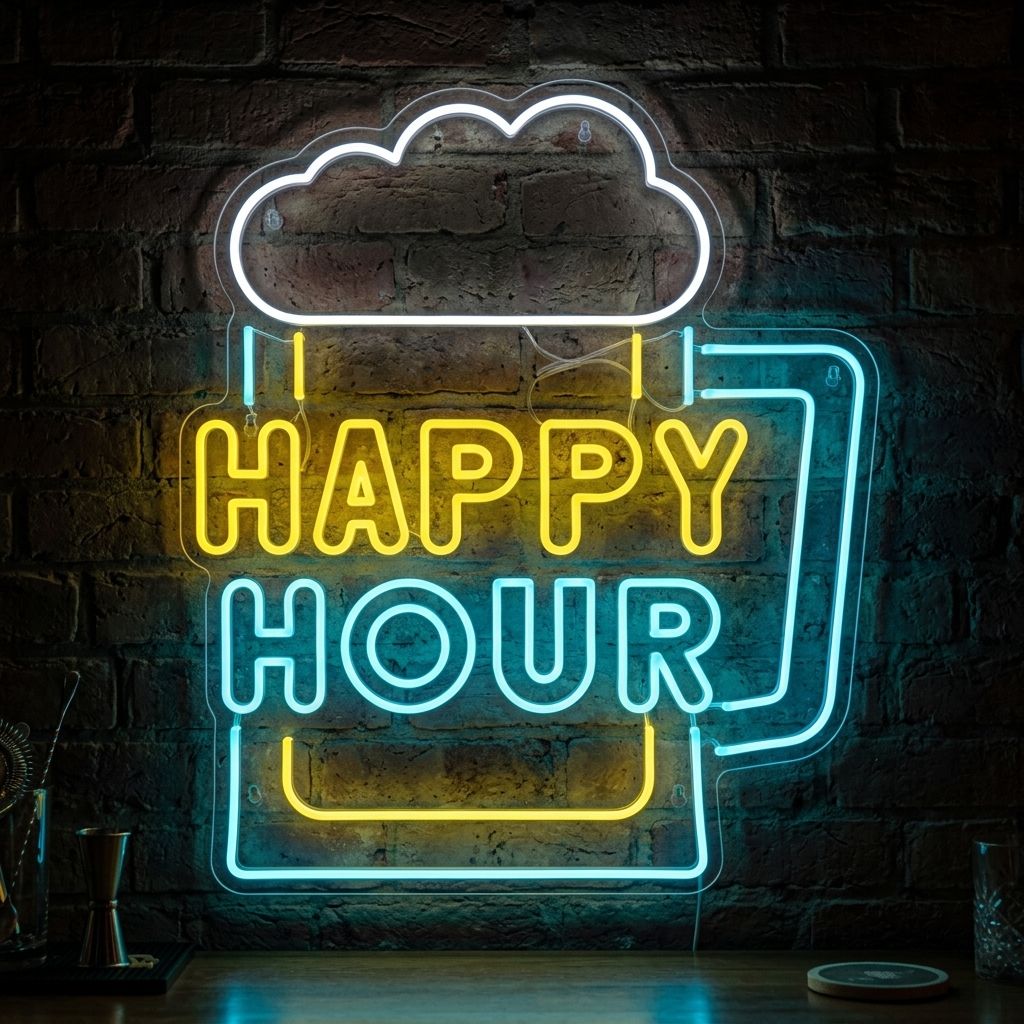 "Happy Hour" beer mug neon sign glowing blue and amber on a stone wall in a home bar setting.