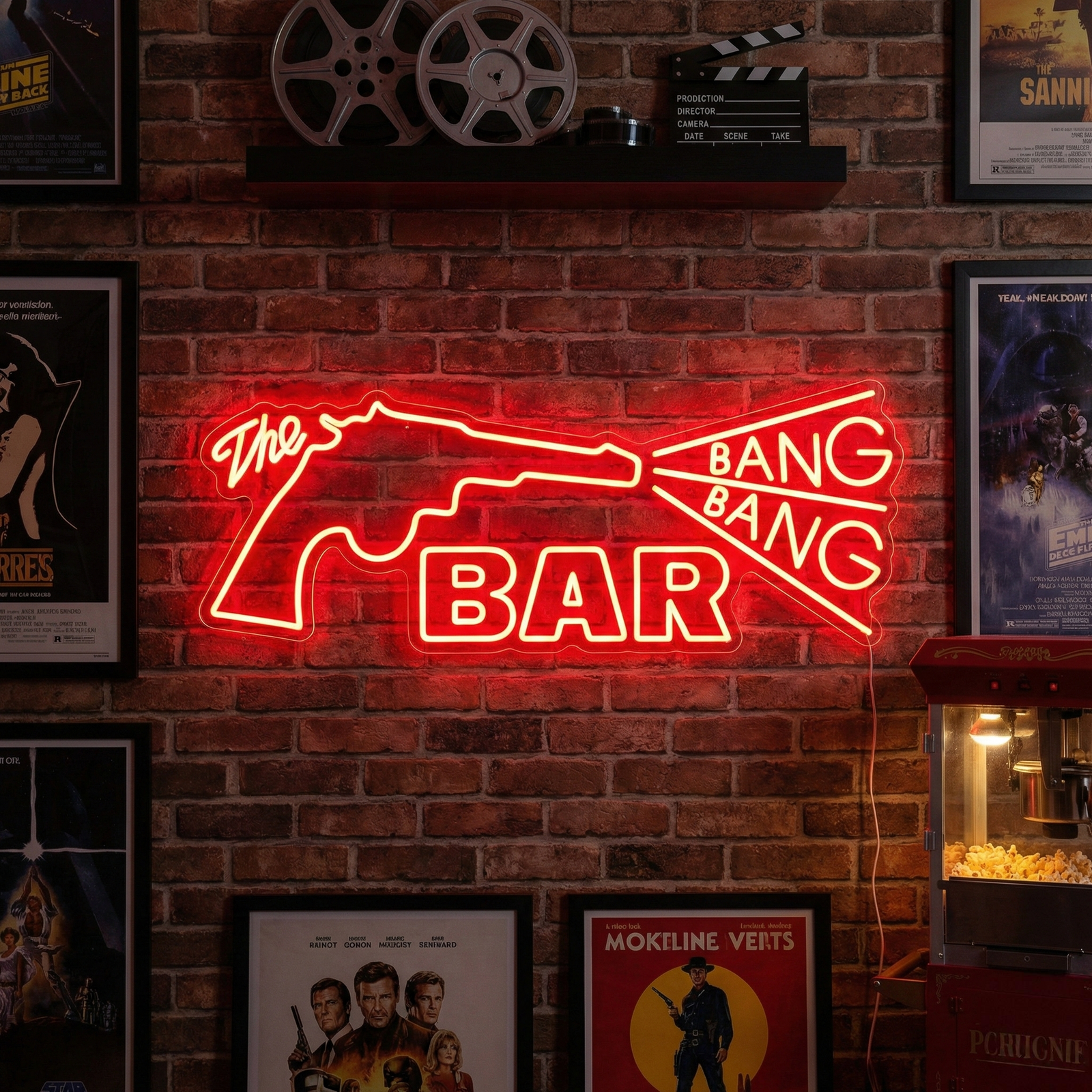 Graphic representation of the Bang Bang Bar neon sign featuring a pistol outline and stylized text against a dark background.