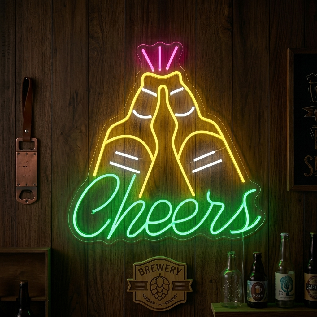 Cheers neon sign glowing above a selection of beer bottles on a home bar