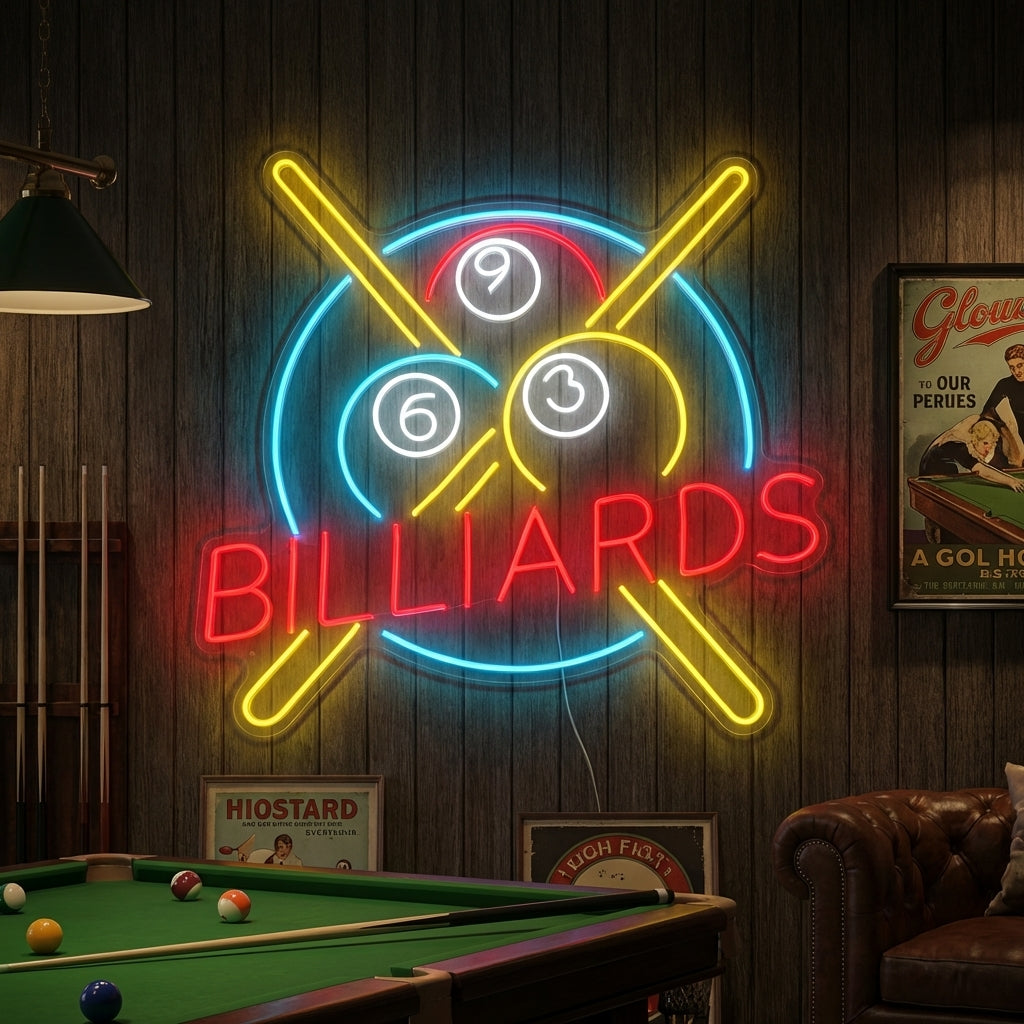A vibrant Billiards neon sign glowing blue and red on a textured wall above a pool table and chairs.