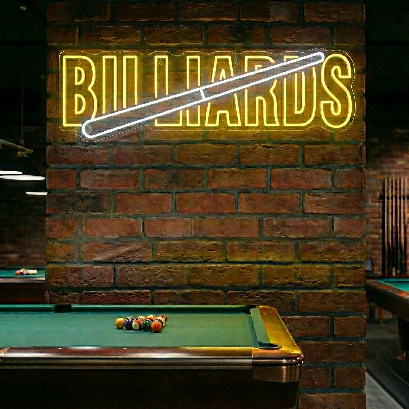 Glowing blue and white Billiards Open Neon Sign mounted on a clear backboard above a pool table in a dimly lit bar