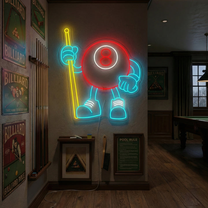 Vibrant 8 Ball Billiards LED neon sign glowing brightly in a well-decorated game room, mounted above a pool table and surrounded by retro posters, creating an inviting, classic pool hall atmosphere.