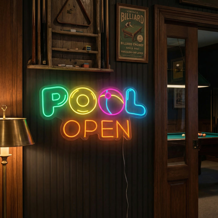 Photo of a Pool Open Neon Sign with green neon tubing mounted on a wall in a real bar setting