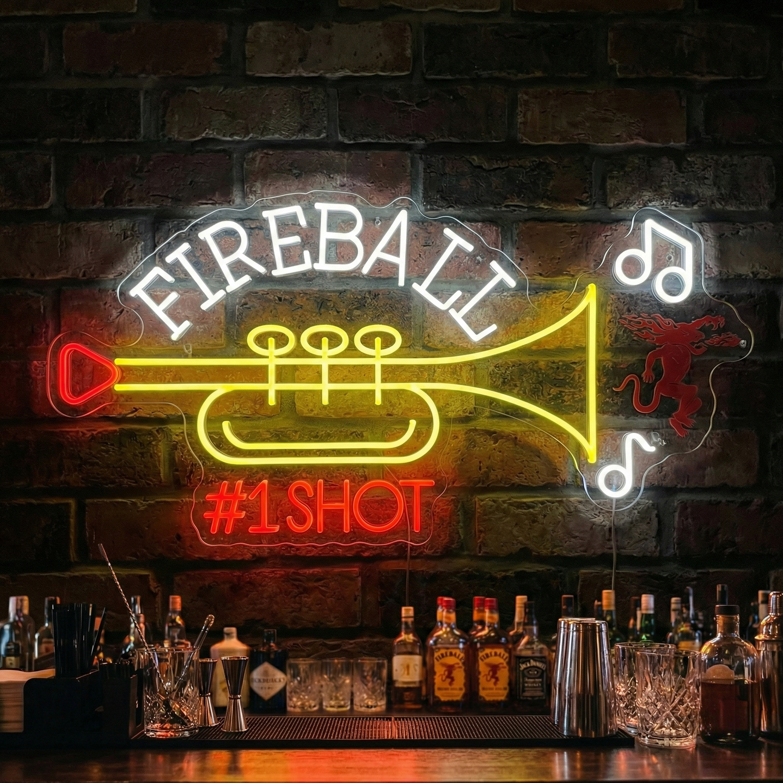 Fireball #1 Shot Trumpet Neon Sign illuminated in a real bar setting, showing complex tubing bends and acrylic mounting hardware.