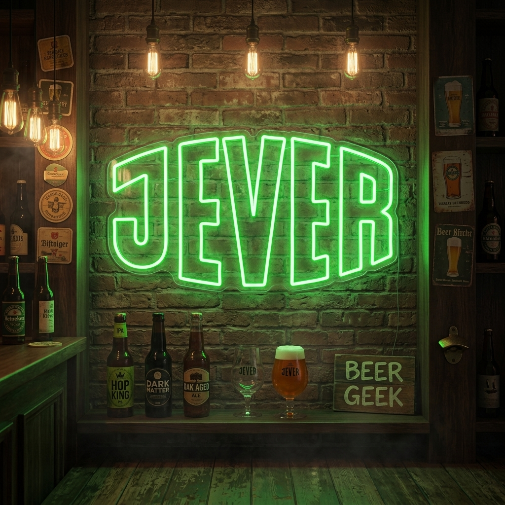 Jever Neon Sign displaying the green and red logo of the German beer, wall-mounted indoors