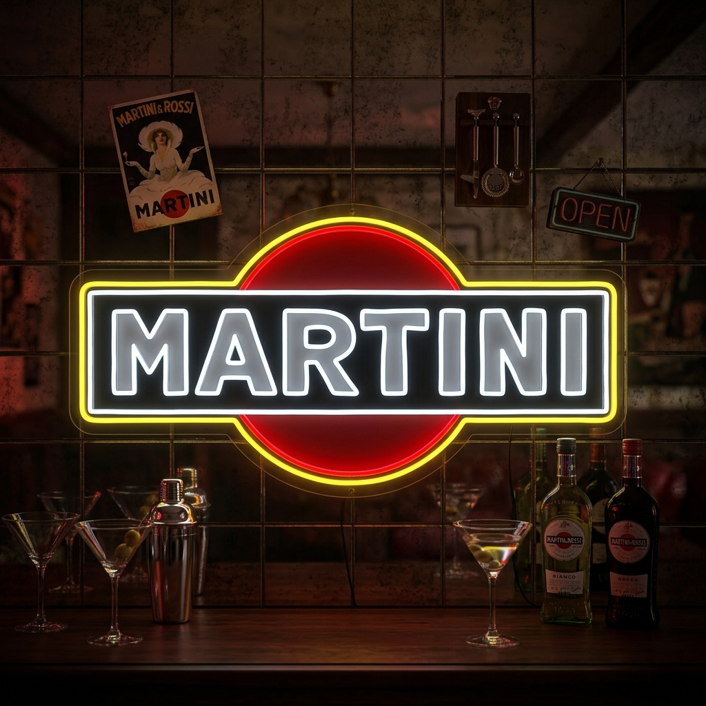 A handcrafted Martini logo neon sign glowing vibrantly on a textured wall in a home bar setting, surrounded by cocktail accessories.
