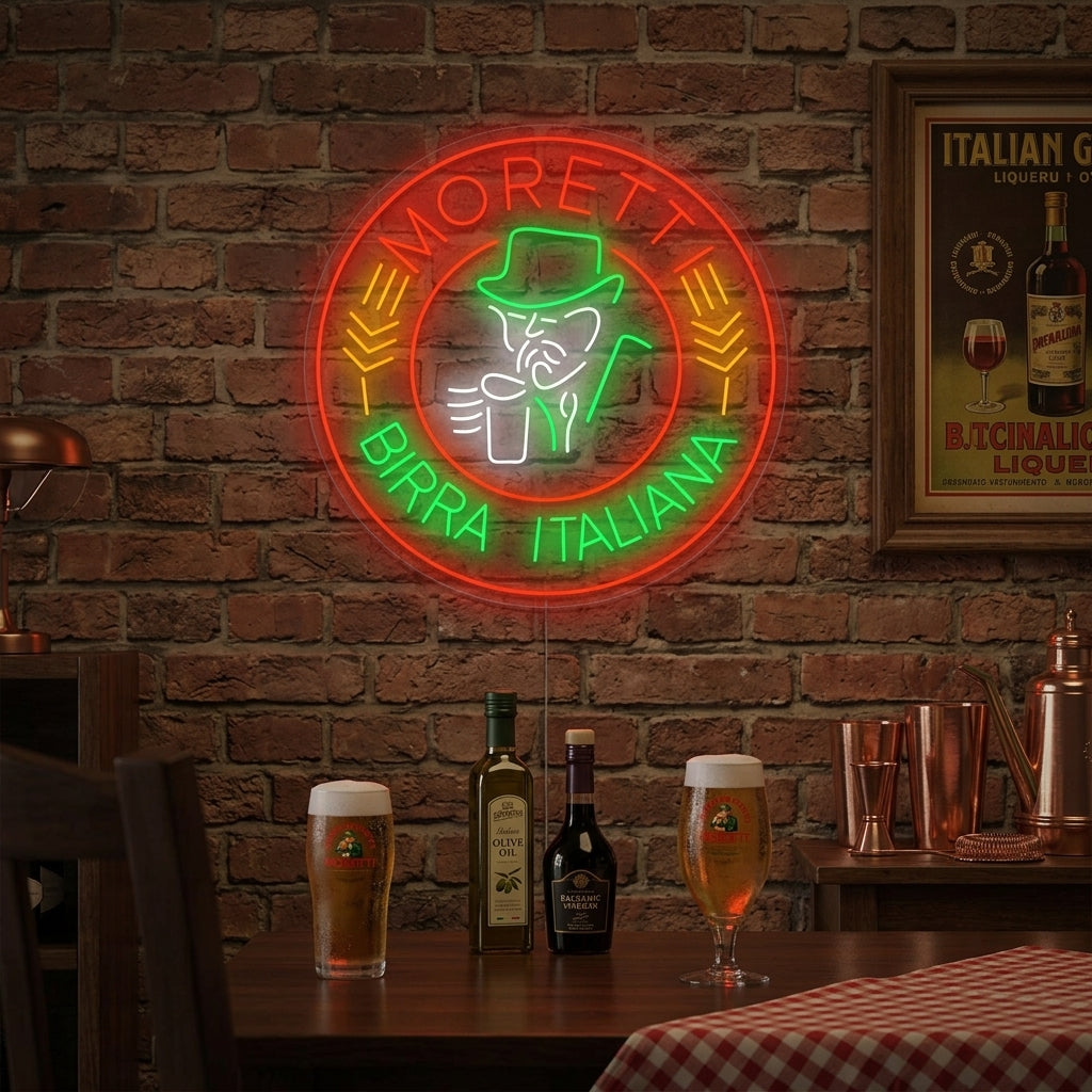 Moretti Birra Italiana neon sign featuring the mustache man icon, glowing on a dark brick wall.