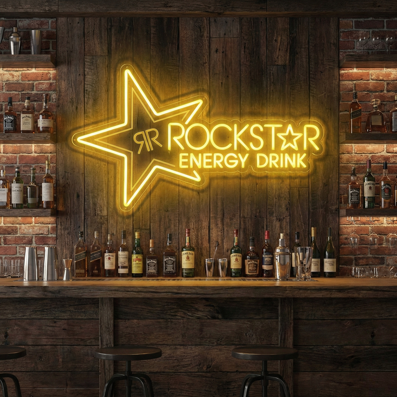 A vibrant 'Rockstar' LED neon sign with an energy drink style star logo, illuminating a stylized bar environment with atmospheric lighting.