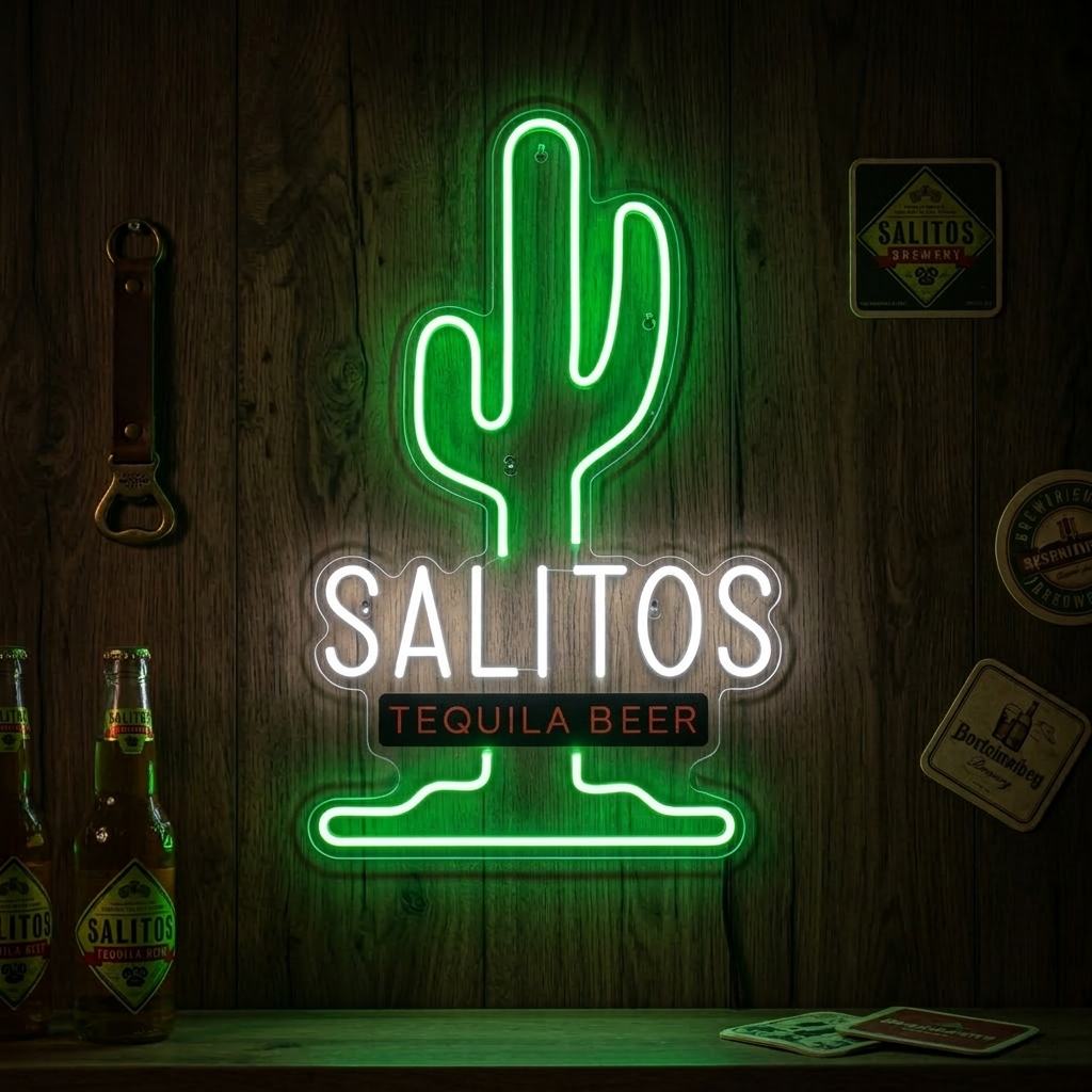 Hand-fabricated Salitos 'Tequila Beer' neon sign featuring the iconic blue bottle, lemon, and branded text on a clear acrylic backing, casting a vibrant blue and yellow glow in a dimly lit bar setting.