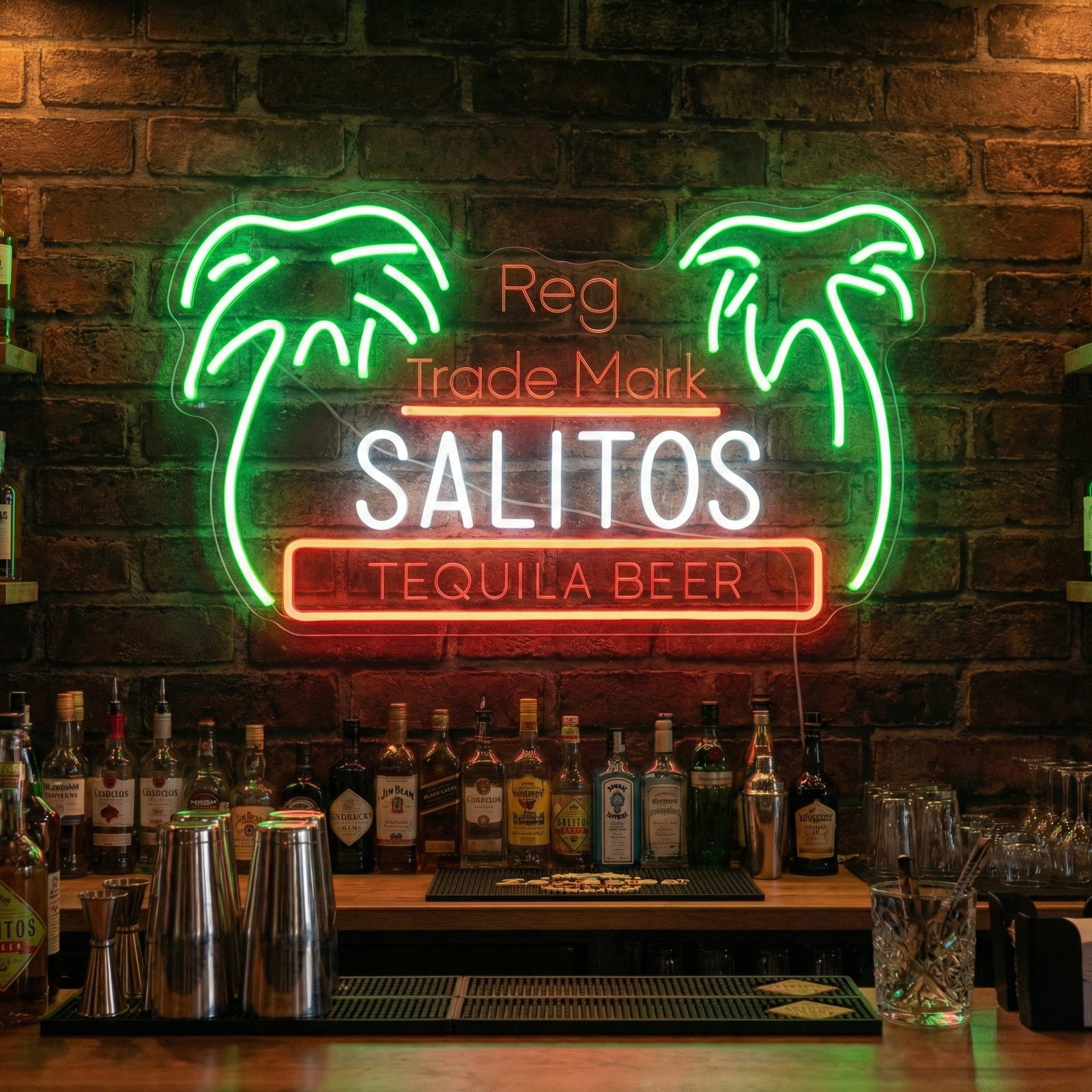 Salitos Palm neon sign, glowing in a modern tequila bar setting with blurred customers and liquor bottles in the background.