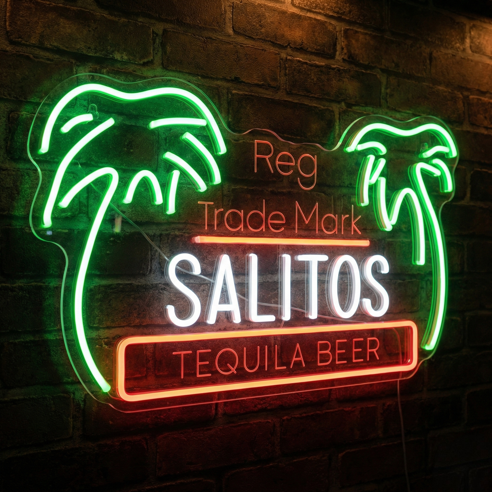 A close-up view of the Salitos Palm neon sign mounted on a textured brick wall, showing the detailed neon tubing and clear acrylic backing.