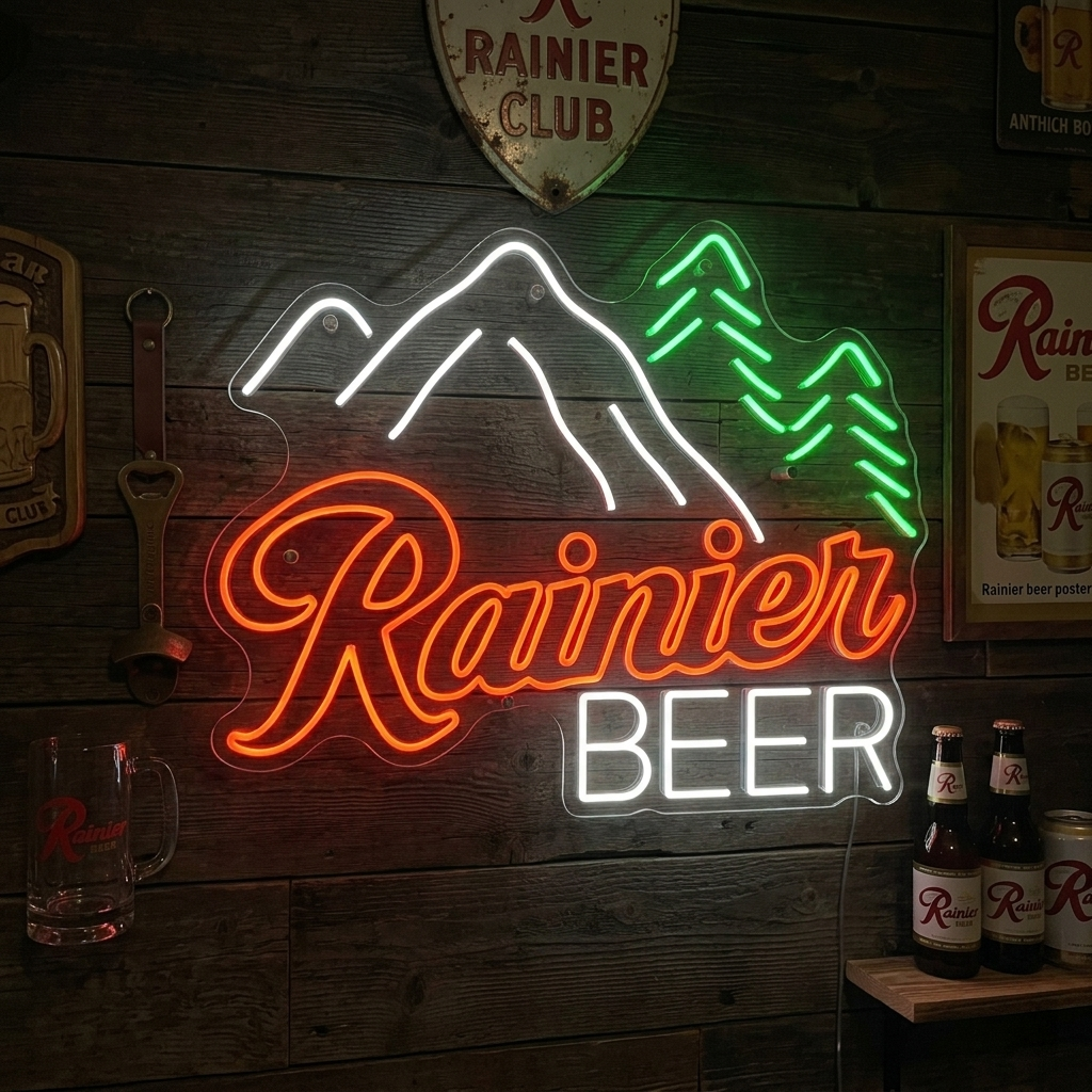 Illuminated red 'R' Rainier Beer neon sign mounted on a clear backboard in a bar setting, next to Rainier bottles.