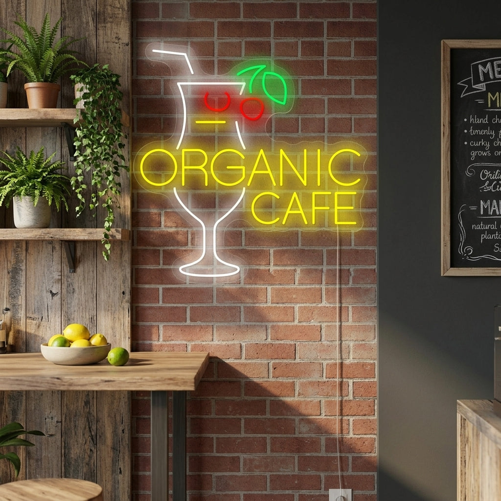 Realistic mockup of the Organic Cafe neon sign illuminated on a cafe wall.