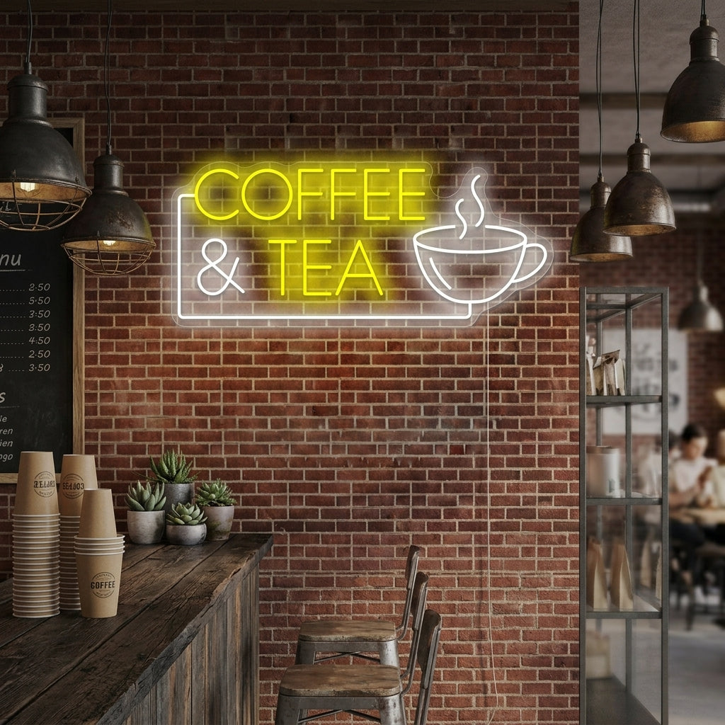 A cozy, modern cafe interior showing the glowing 'Coffee & Tea' neon sign mounted on a brick wall above a barista station, creating a warm ambiance.