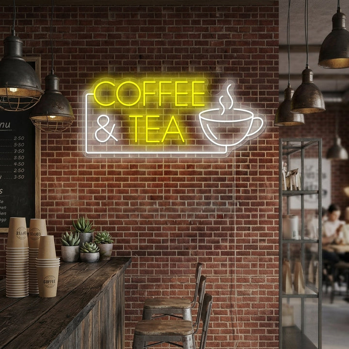 A cozy, modern cafe interior showing the glowing 'Coffee & Tea' neon sign mounted on a brick wall above a barista station, creating a warm ambiance.