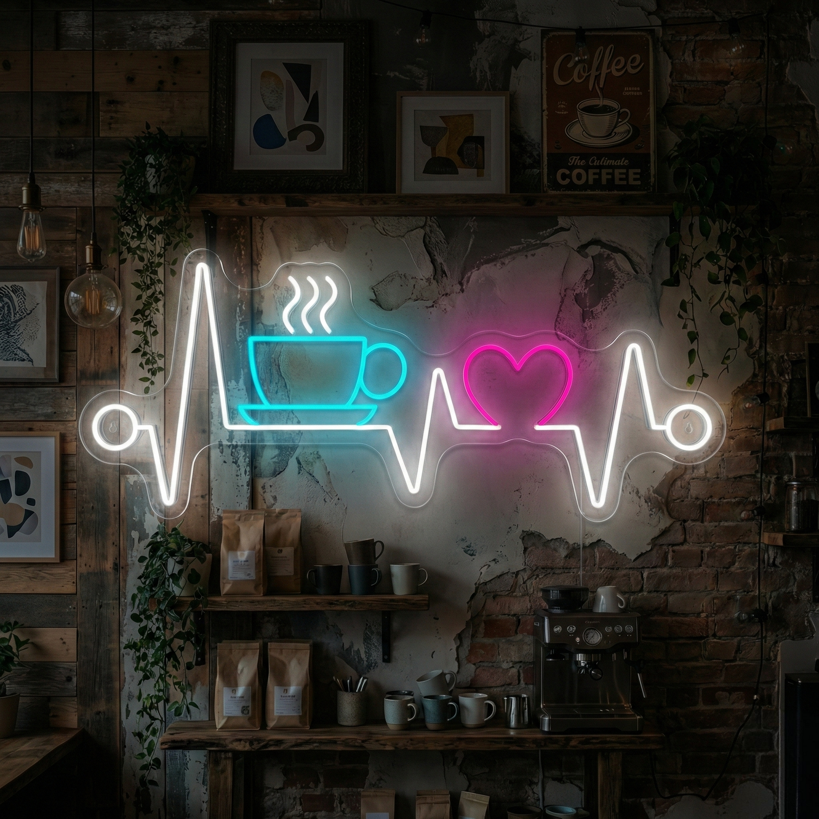 Heartbeat Coffee neon sign glowing on a textured brick wall.