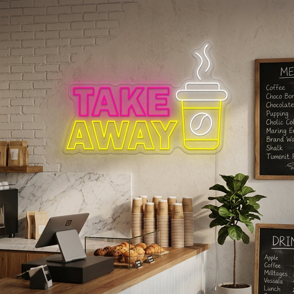 Glowing 'Coffee Take Away' neon sign styled in a busy cafe, highlighting its impact on customers