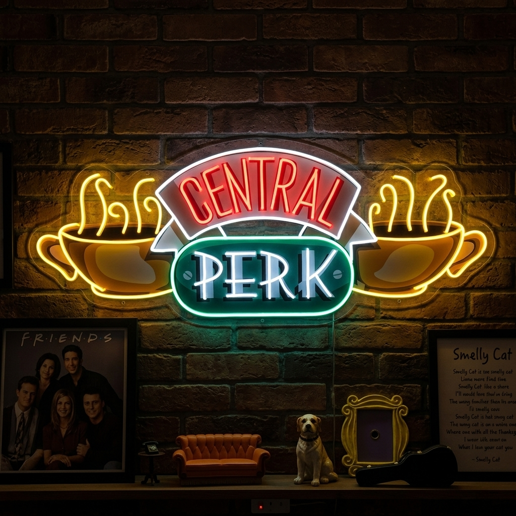 A real photograph of a illuminated 'Central Perk' UV printed neon sign on a textured wall in a cafe setting.
