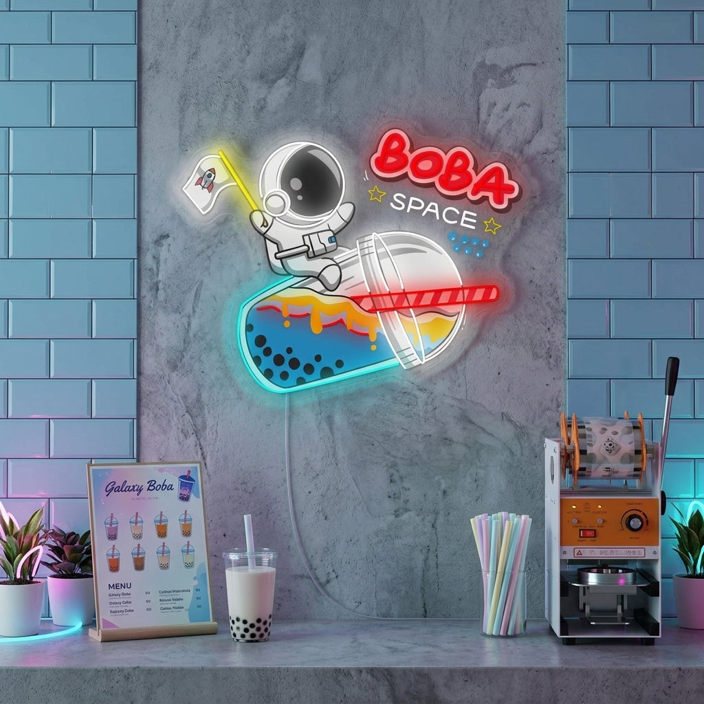 Vibrant "Astronaut Sipping Boba Tea" neon sign glowing brightly in a cozy, modern cafe corner.