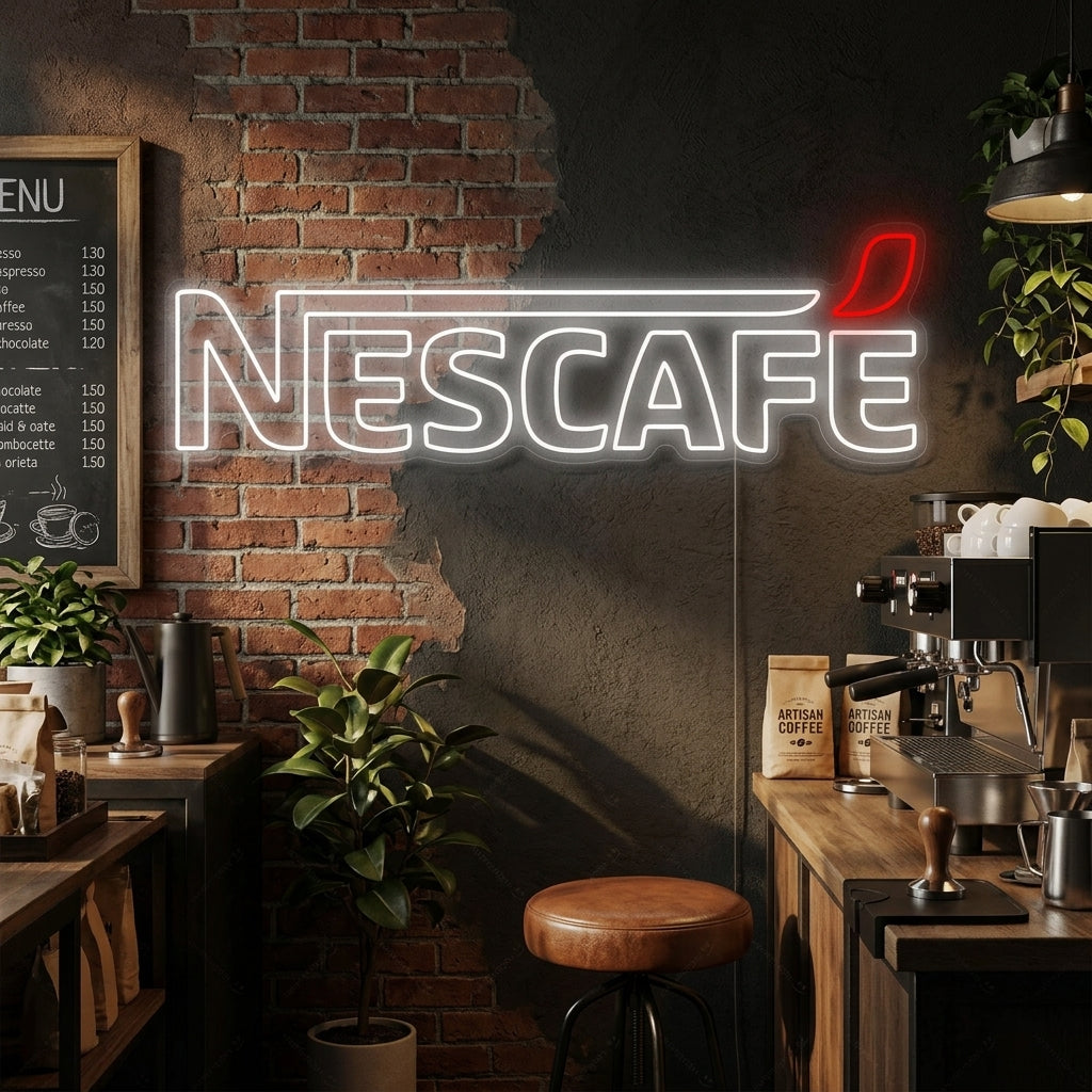 A cozy coffee shop setting with the Nescafe logo neon sign glowing brightly on a brick wall above a bustling cafe counter with customers.