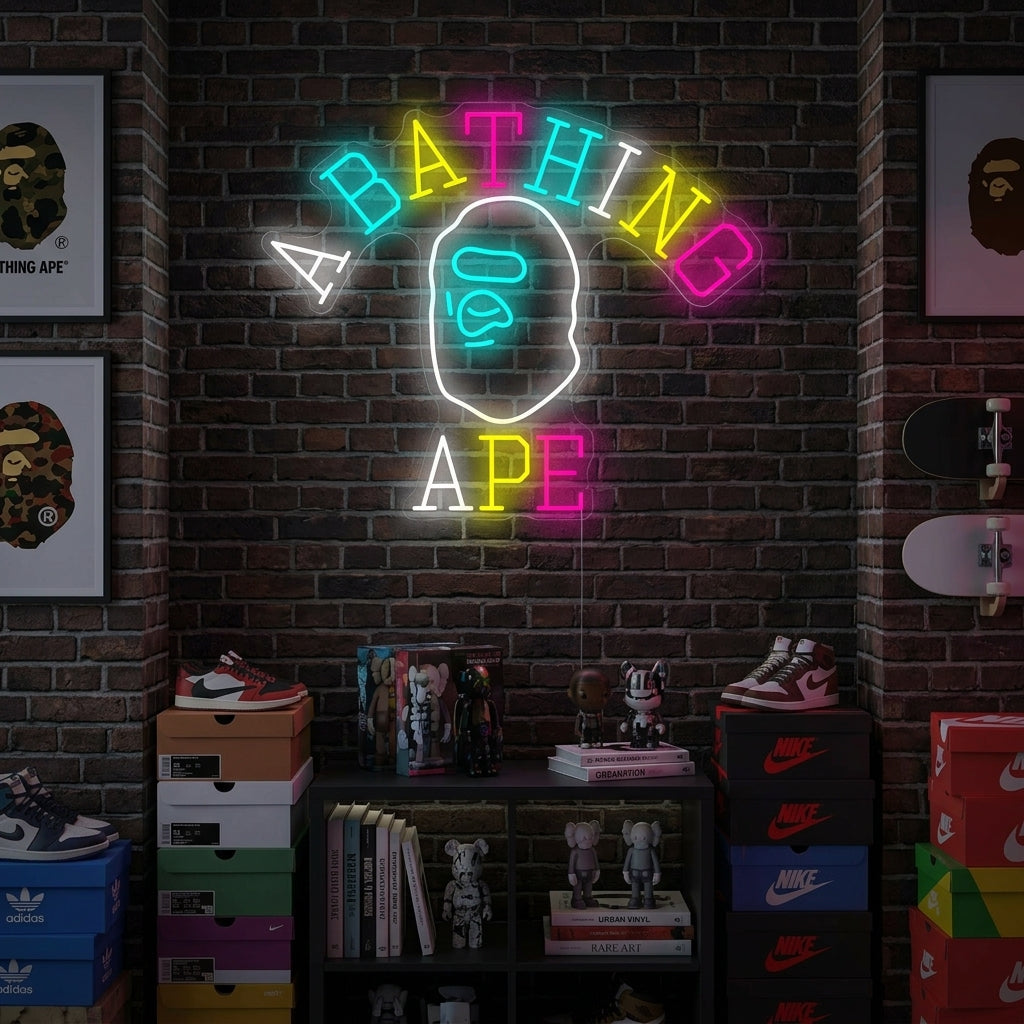 A glowing blue 'Bathing Ape' neon sign displaying the classic Ape Head logo, mounted on a rustic brick wall in a cool lifestyle room setting above a modern sofa.