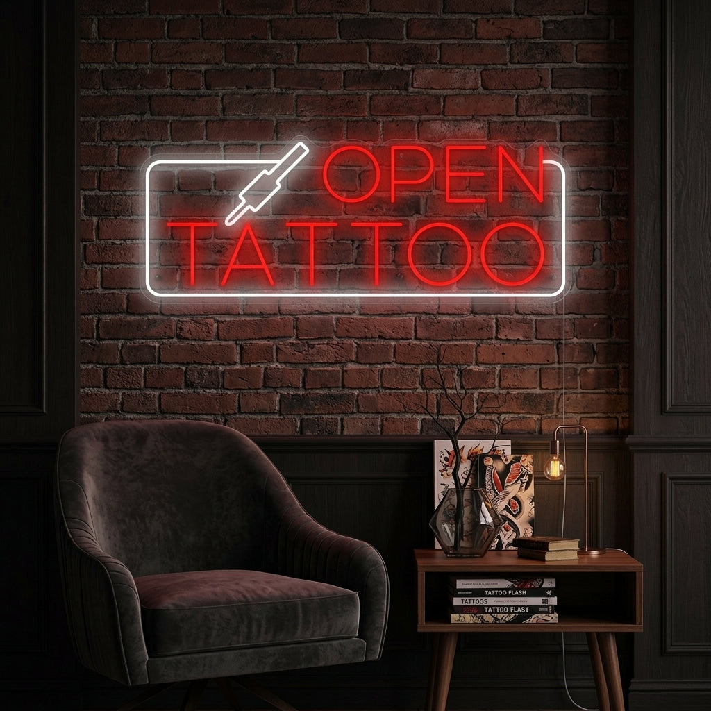 A stylish 'Tattoo Open' neon sign displayed in a modern tattoo studio window, attracting attention at night.