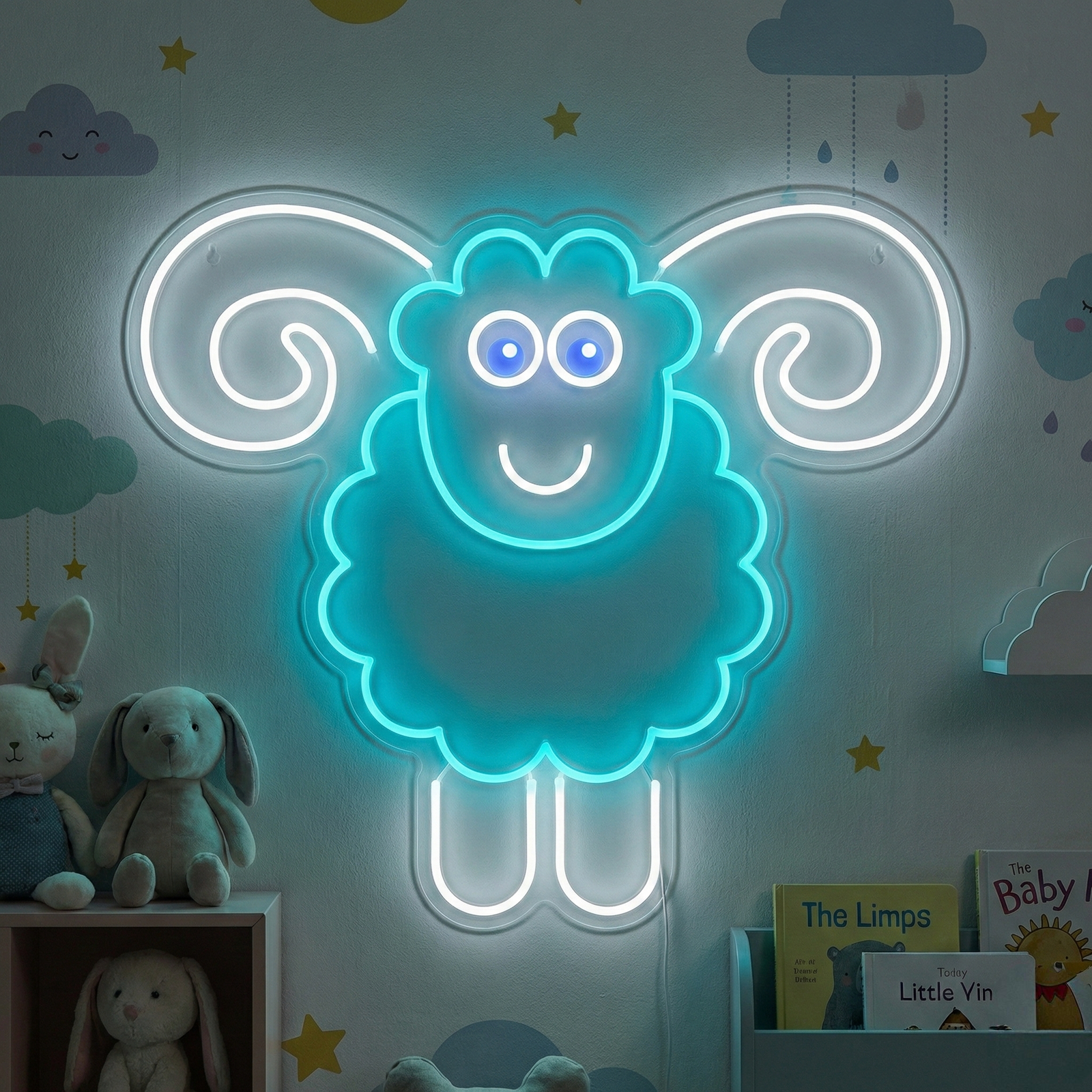 A real handcrafted Sheep Neon Sign glowing in white light, mounted on a nursery wall above a crib and shelves, showing physical fabrication details.