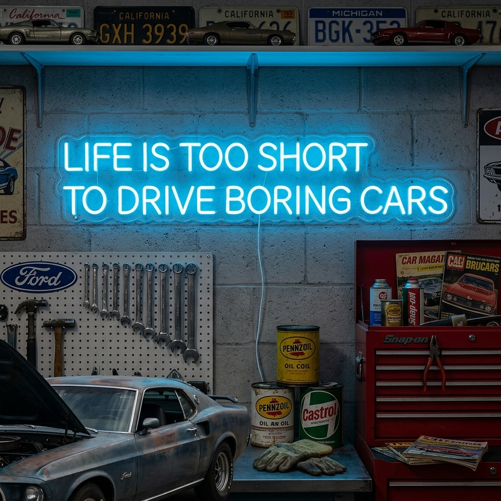 A vibrant 'Life Is Too Short To Drive Boring Cars' neon sign illuminated on a textured wall within a well-lit automotive workshop setting.
