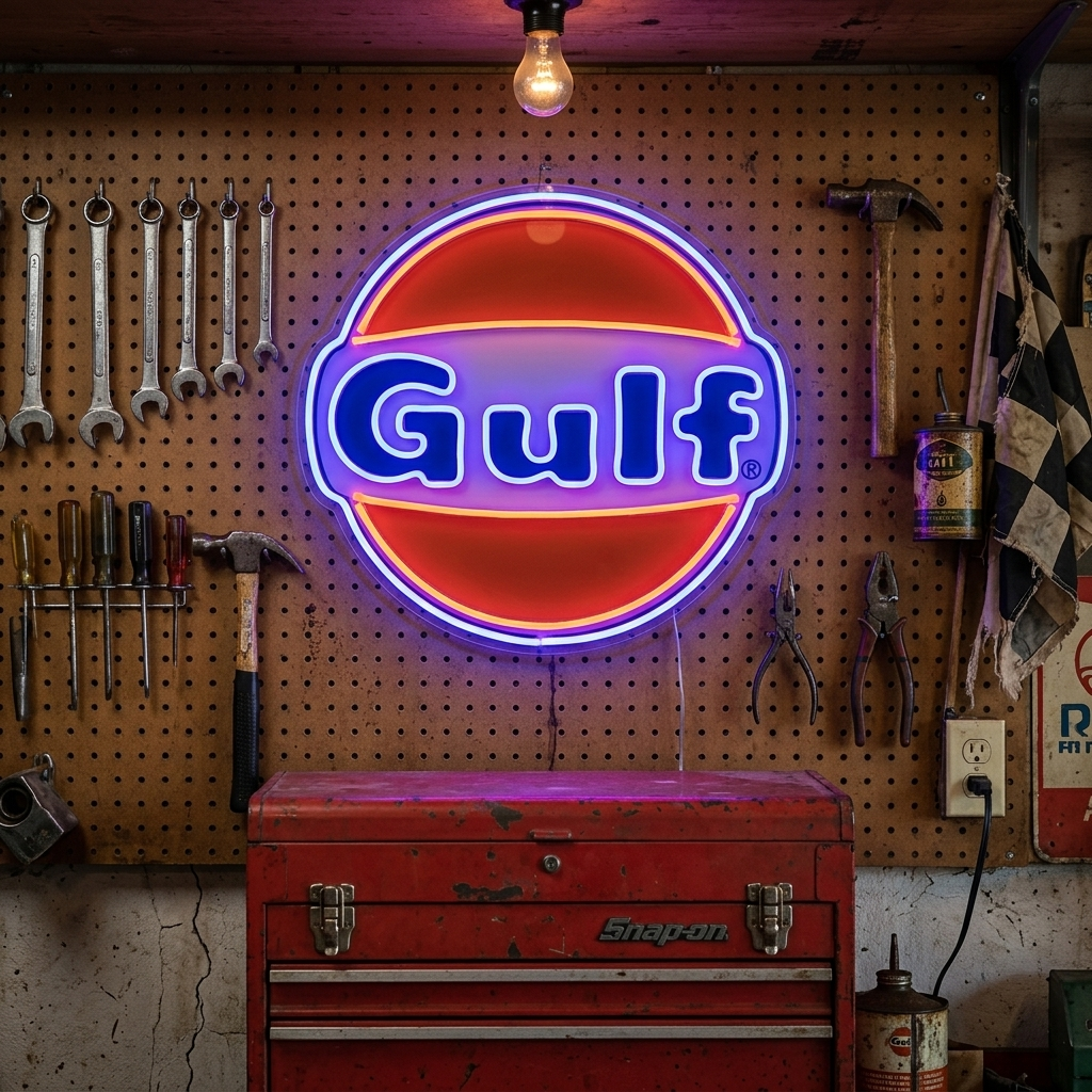 Vibrant Gulf Gasoline neon sign featuring the iconic orange and blue logo lit up, hanging above workbenches in a detailed, AI-generated garage workshop setting.