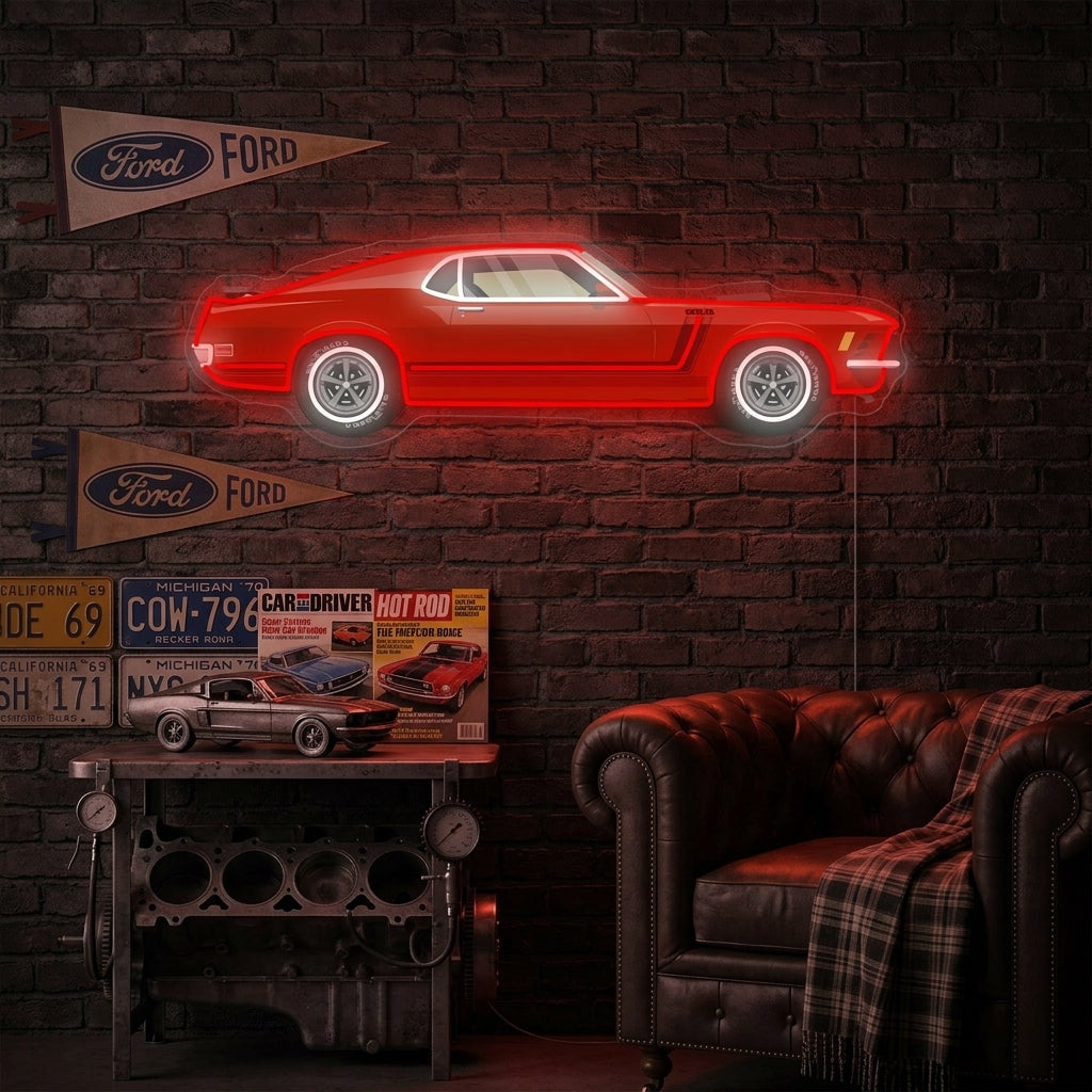 American Muscle Car neon sign glowing blue on a garage wall above tools.