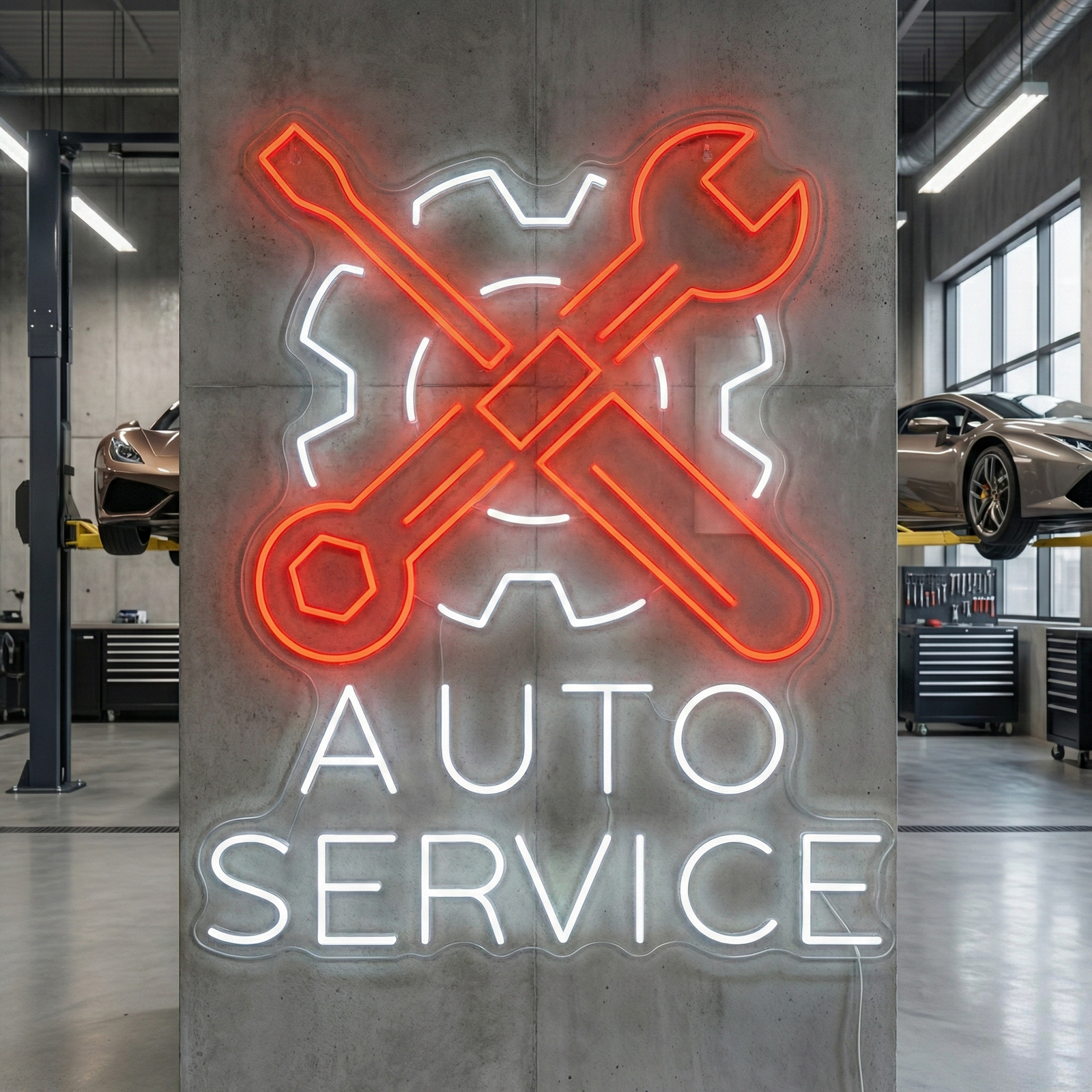 Classic glowing Auto Service neon sign inside a luxury sports car garage, reflecting on a polished Ferrari.