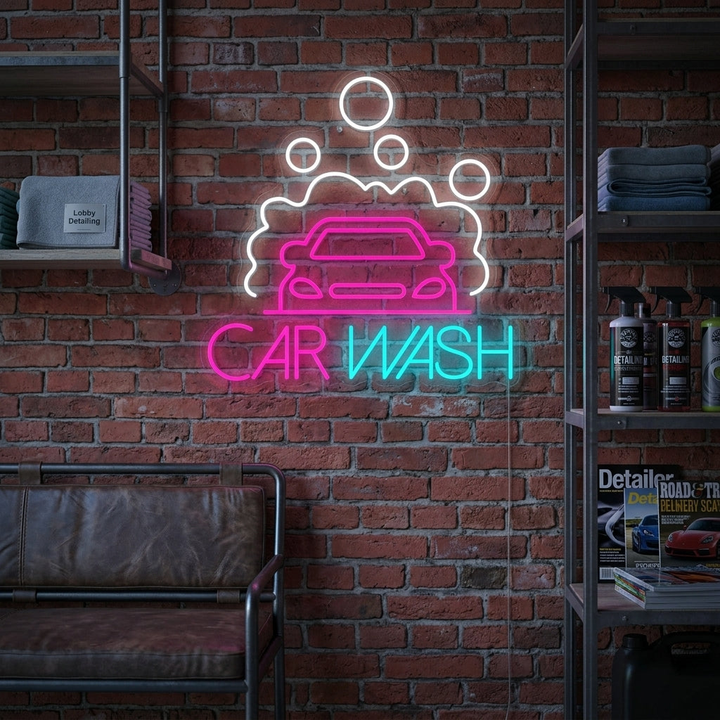 A vibrant 'Car Wash' neon sign with blue lettering in two lines, glowing on a dark wall inside a modern, clean garage or shop environment.