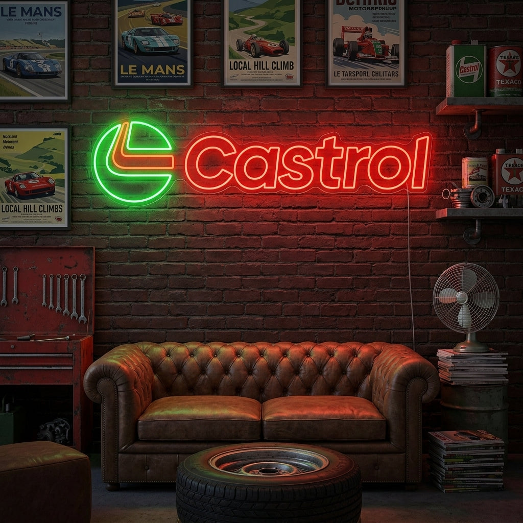 A Castro Logo neon sign illuminated on a brick wall within a decorated garage setting.