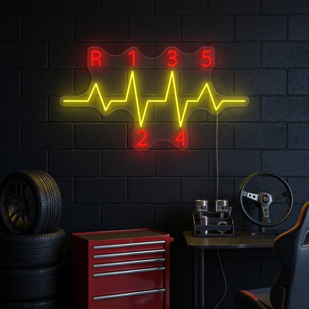 Car Gear shift 6-speed H-pattern glowing neon sign on a stone wall in a garage setting, mockup visualization