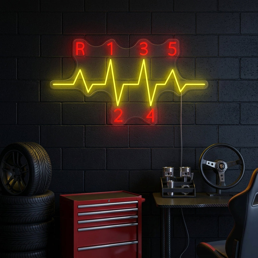 Car Gear shift 6-speed H-pattern glowing neon sign on a stone wall in a garage setting, mockup visualization