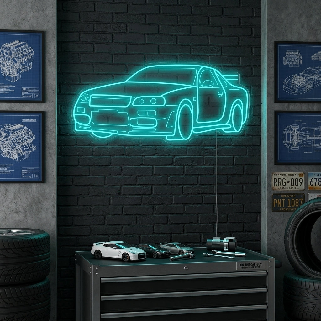 A lifestyle mockup showing the glowing GTR Car neon sign mounted on a brick wall in a modern garage setting.