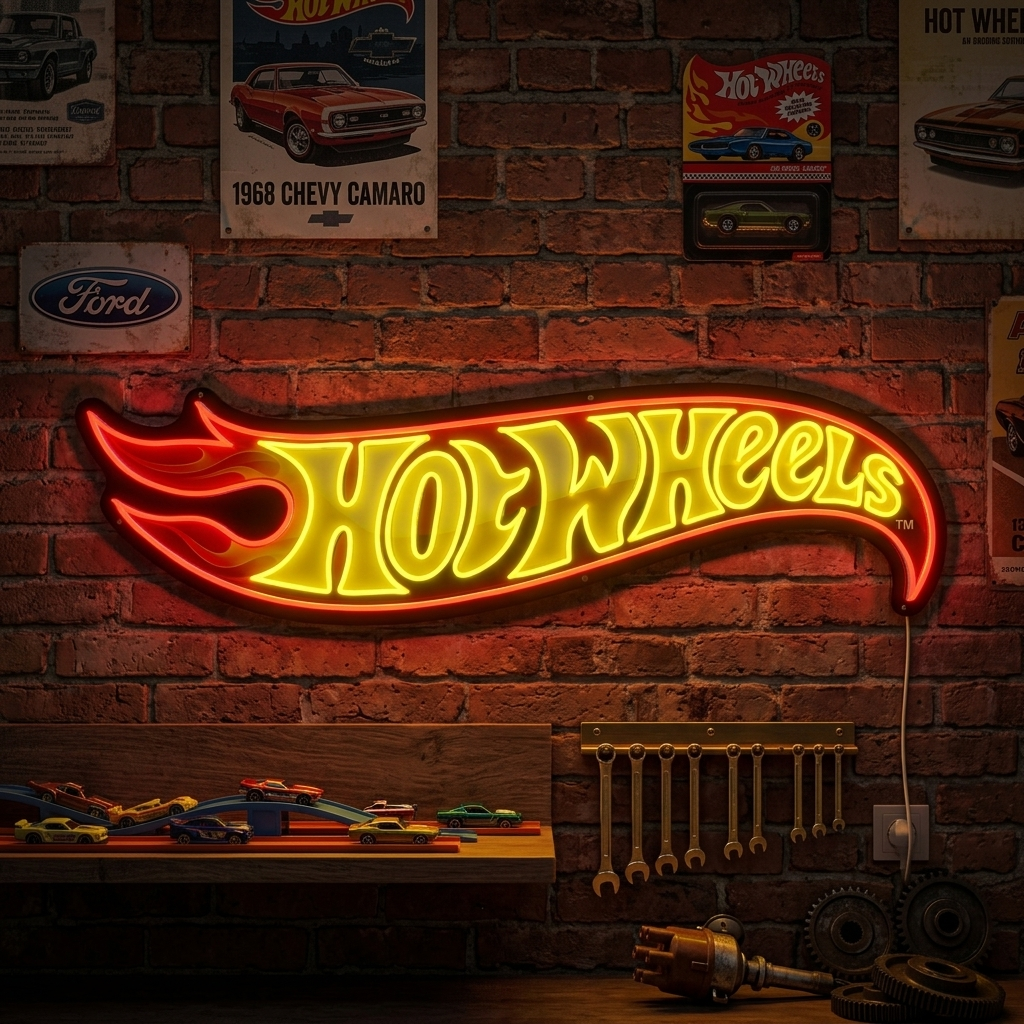 Photograph of a lit Hot Wheels logo neon sign mounted on a brick wall with prop toy cars and tools.