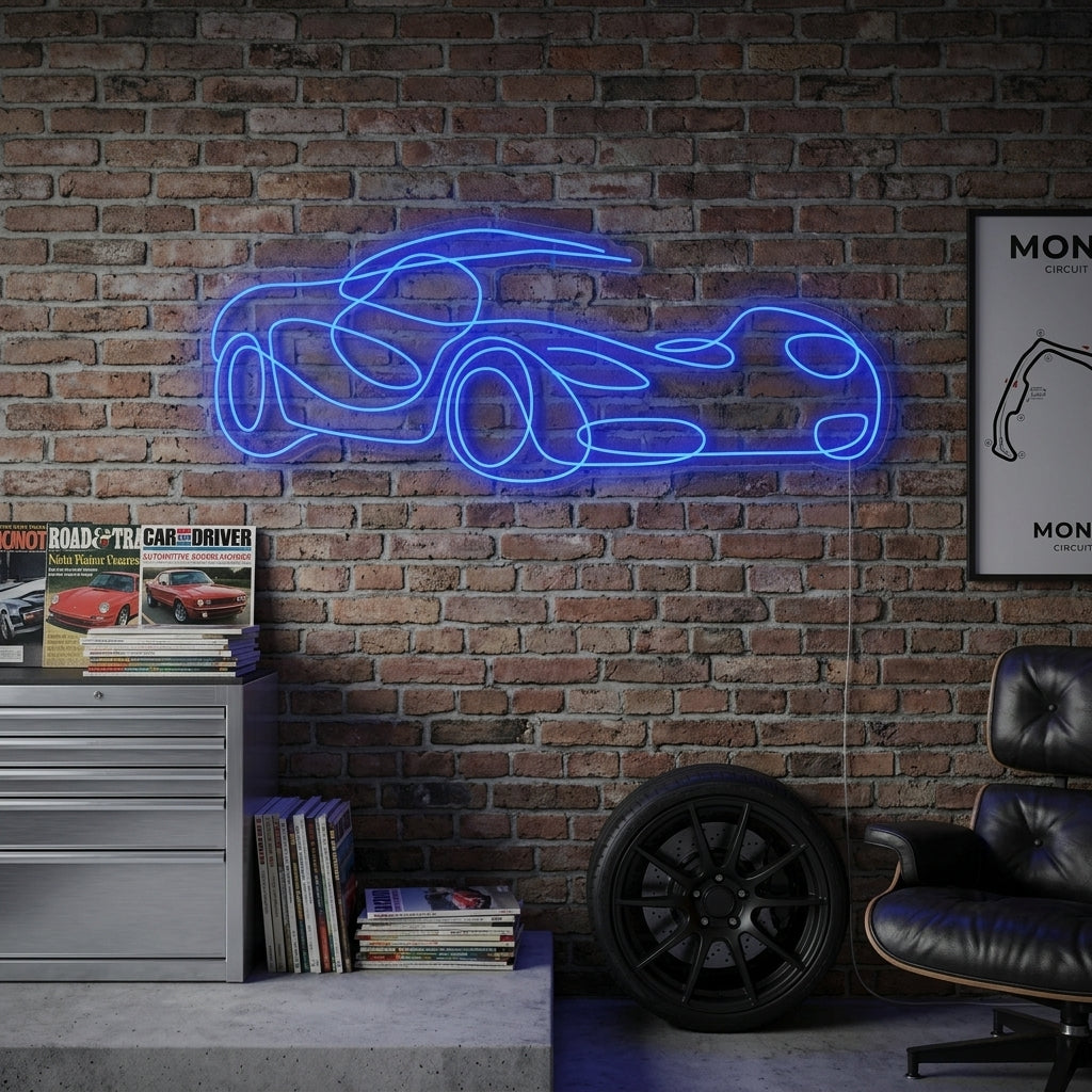 A glowing blue neon sign depicting a sports car, mounted on a wall in a contemporary living room mockup.