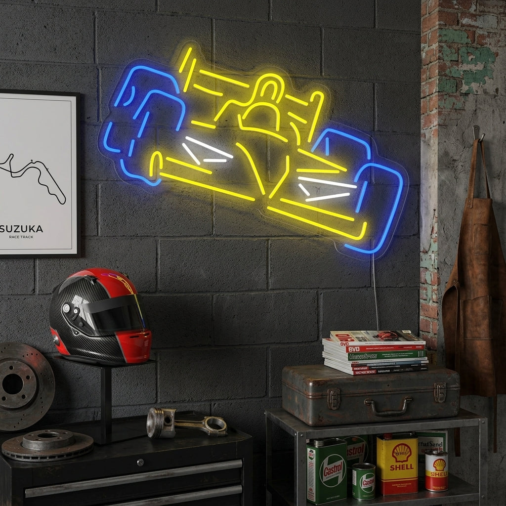 A sleek blue Formula A racing car neon sign illuminating a bedroom wall above a bedside table.