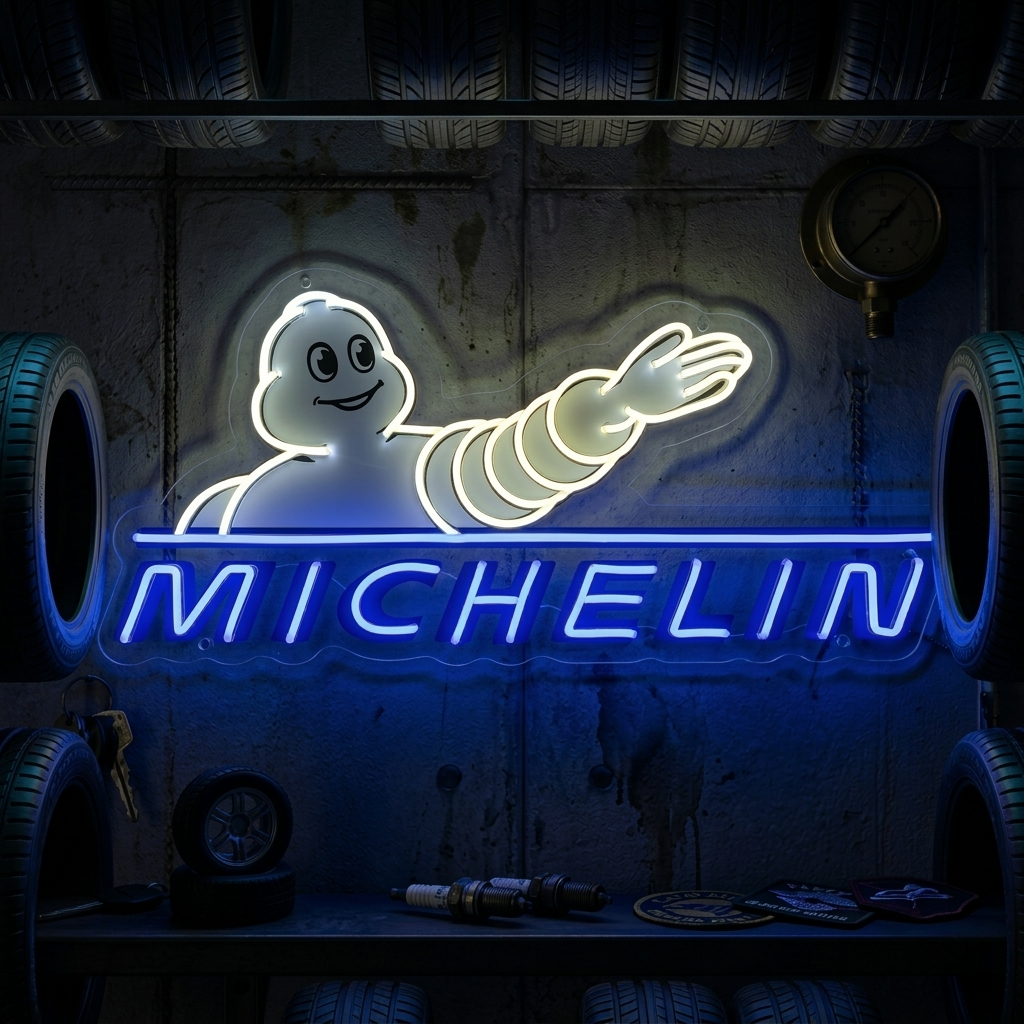 A glowing red and blue Michelin logo neon sign depicting the classic Michelin Man character.