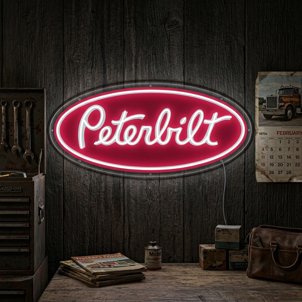 An illuminated Peterbilt Logo neon sign featuring the classic red oval and white script, displayed against a rustic, dark wood wall in a garage setting.