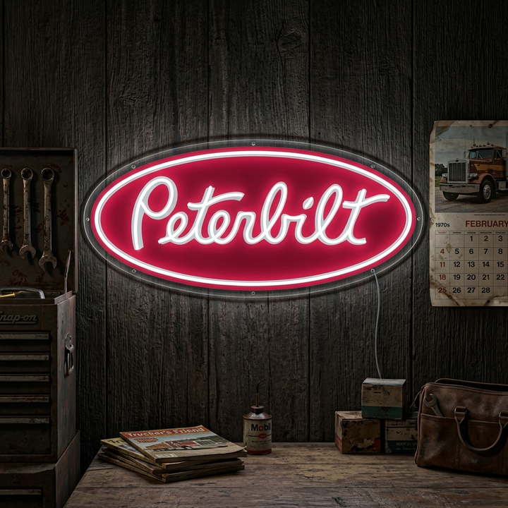 An illuminated Peterbilt Logo neon sign featuring the classic red oval and white script, displayed against a rustic, dark wood wall in a garage setting.
