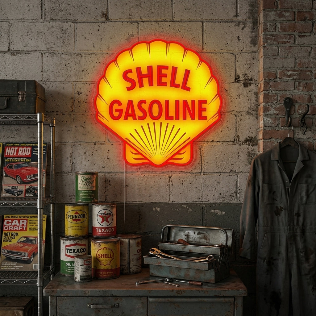 A illuminated Shell Gasoline Logo neon sign hanging on a garage wall, featuring the yellow scallop shell design with red lettering. [AI-generated mockup]