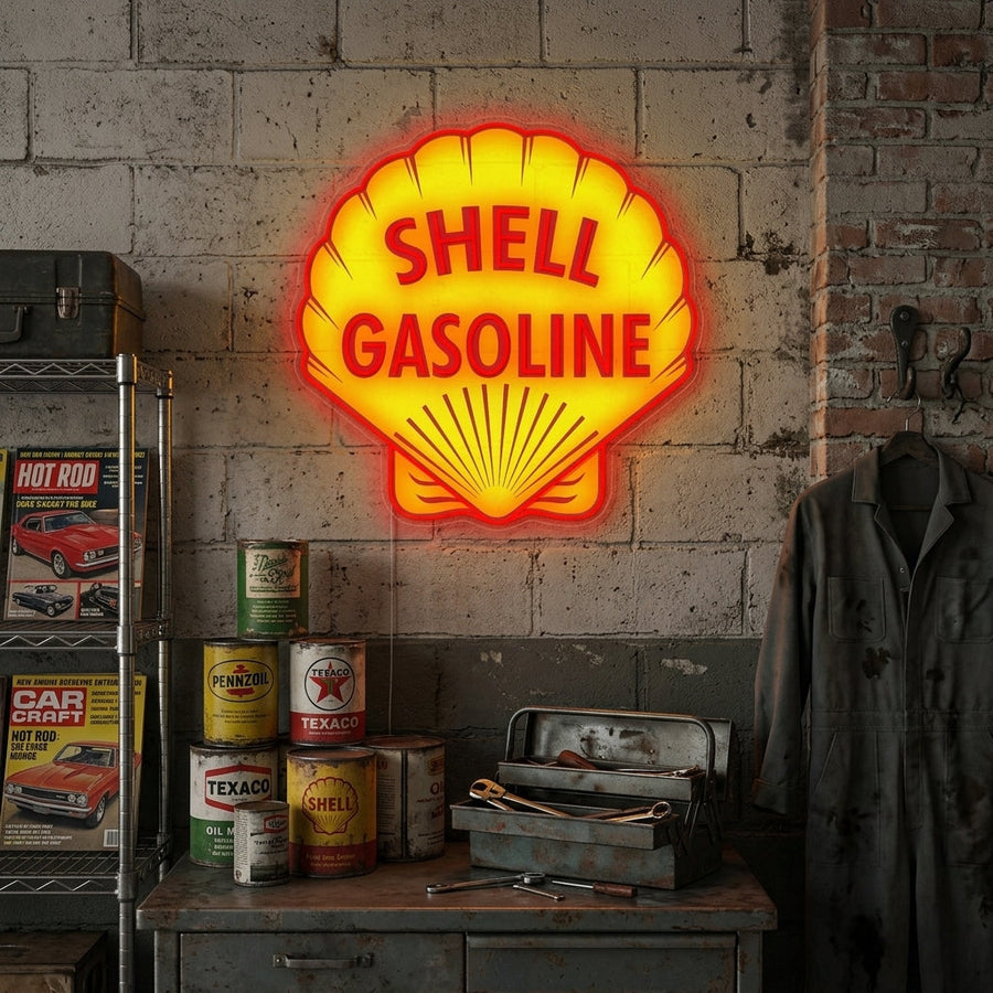 A illuminated Shell Gasoline Logo neon sign hanging on a garage wall, featuring the yellow scallop shell design with red lettering. [AI-generated mockup]